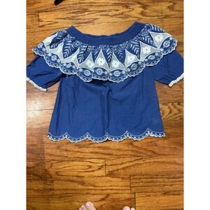 Pastel Blue Off The Shoulder Eyelet Lace Ruffle Cotton Boho Blouse Medium